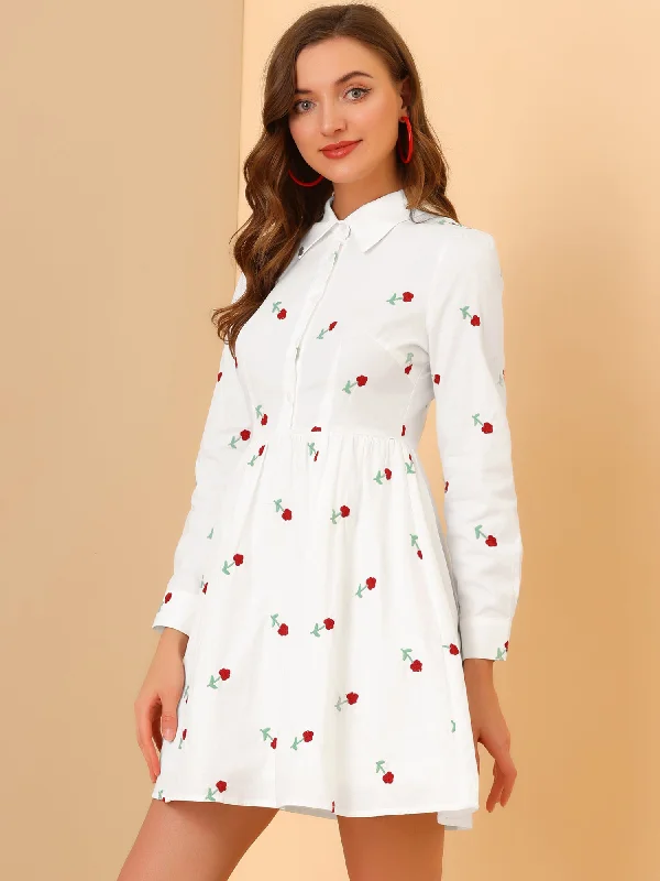 Affordable Women's Clothing Casual Long Sleeve Half Placket Embroidered Floral Mini Shirt Dress