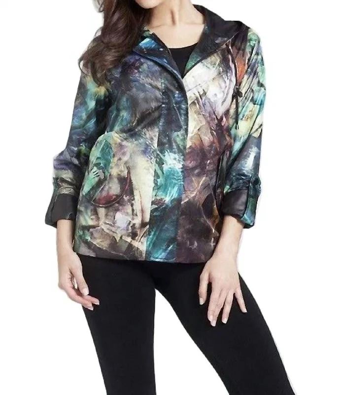 Women's Trendy Clothing Watercolor Hooded Rain Jacket In Black Multi