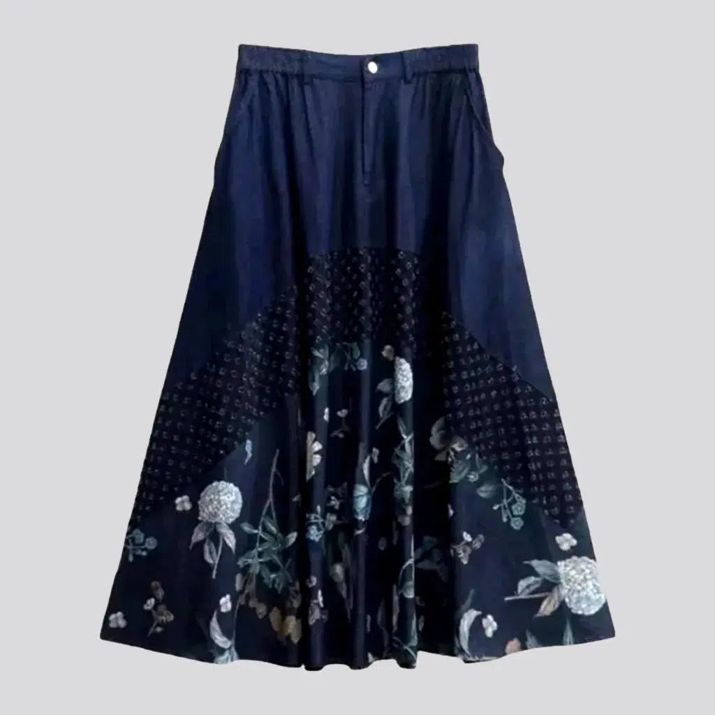 Women's Holiday Clothes Flowery dark-wash denim skirt for ladies