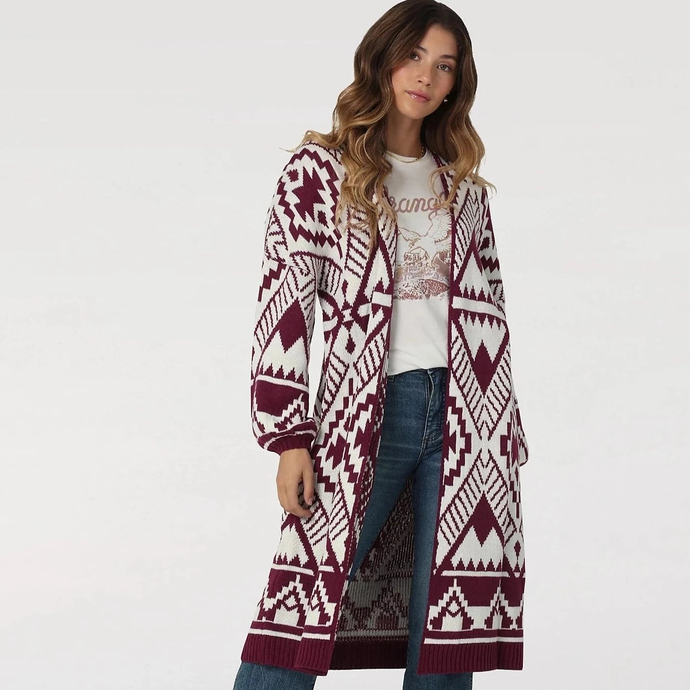 Women's Plus-Size Casual Outfit Wrangler Women's Magenta Aztec Long Cardigan