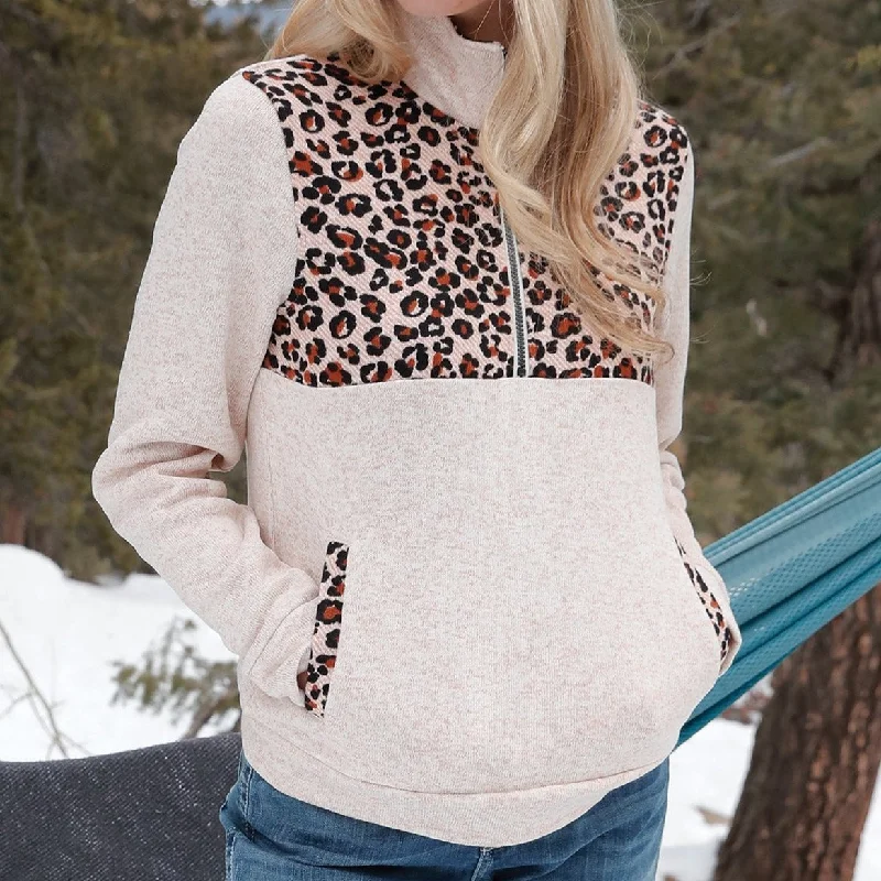 Women's Outfit For The Office Cruel Women's 1/2 Zip Cream & Leopard Print Sweater Knit Pullover