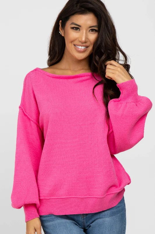 Women's Clothing Sets Fuchsia Boat Neck Bubble Sleeve Sweater