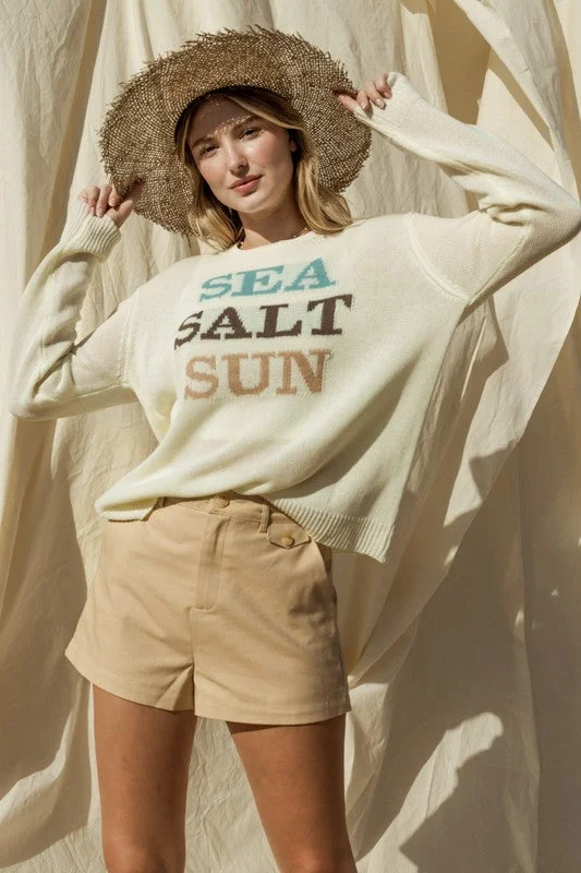 Women's Holiday Attire Round Neck Long Sleeve Sea Salt Sun Sweater