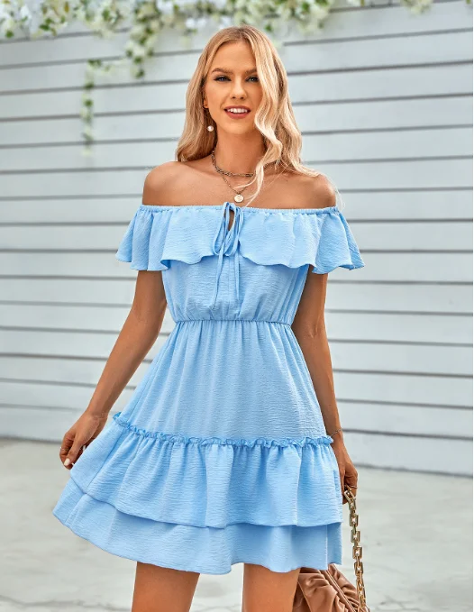 Women's Vacation Attire TastyHottie - Casual off-the-shoulder ruffled solid color dress