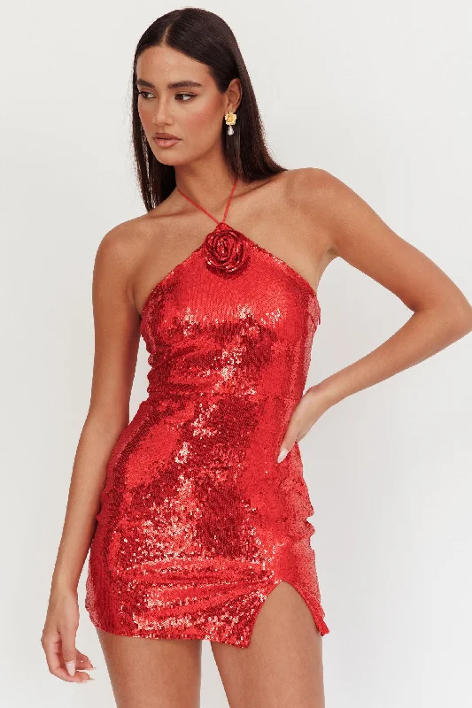 Modern Women's Outfit Senora Halter Sequin Mini Dress Red