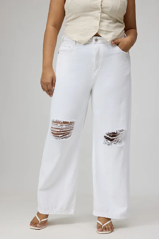 Casual Dresses for Women Glacial White Ripped Wide-Leg Jeans