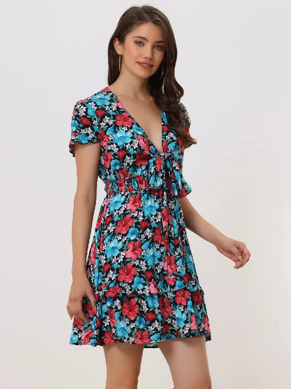 Vintage-Inspired Women's Clothes Floral Deep V Neck Tie Knot Smocked Tiered Ruffle Mini Dress