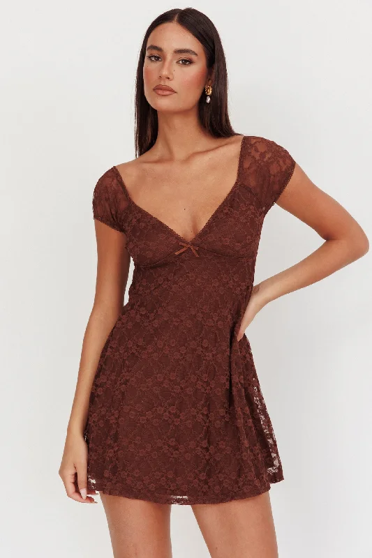 Women's Charming Outfit For Events Shadows Lace Overlay Mini Dress Brown