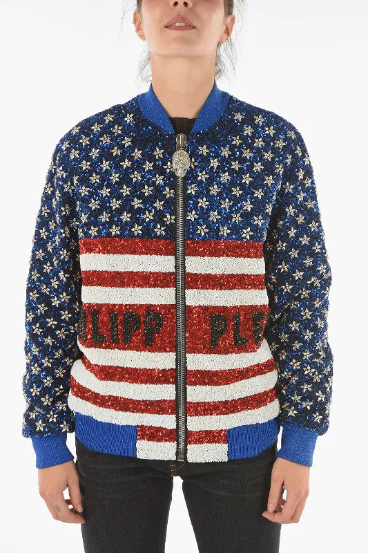 Women's Evening Wear Attire Philipp Plein COUTURE All-Over Sequine and Crystal AMERICA Bomber Jacket