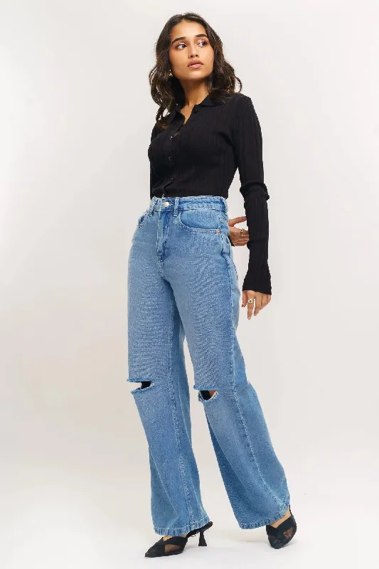 Sustainable Fashion Clothing For Women Blue Faded Distressed Wide Jeans