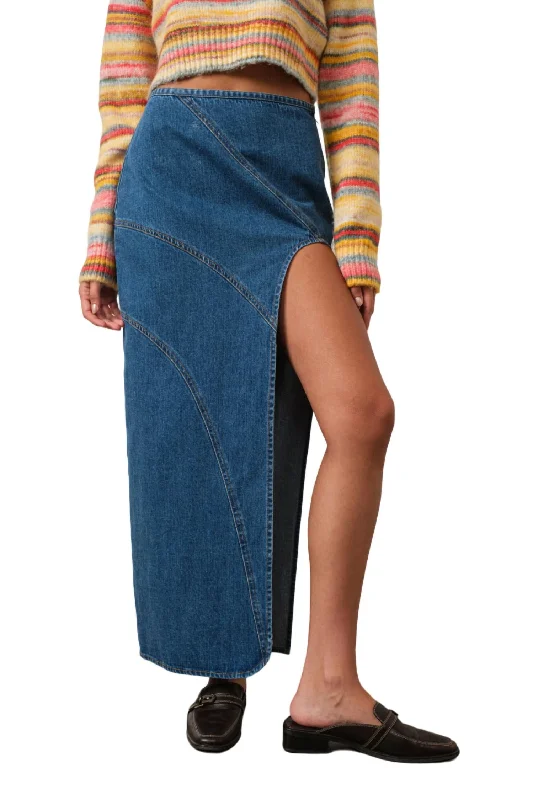 Casual Dresses for Women Denim Maxi Skirt With Front Slit In Blue