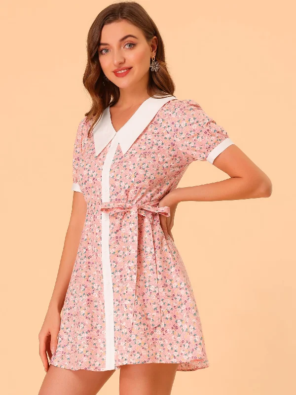 Women's Clothing For Everyday Wear Cotton Collared Floral Print Button Down Belted Waist Shirt Dress