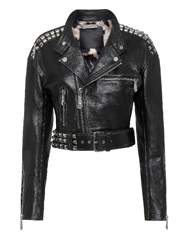 Online Clothing Stores Crop Leather Jacket Studs