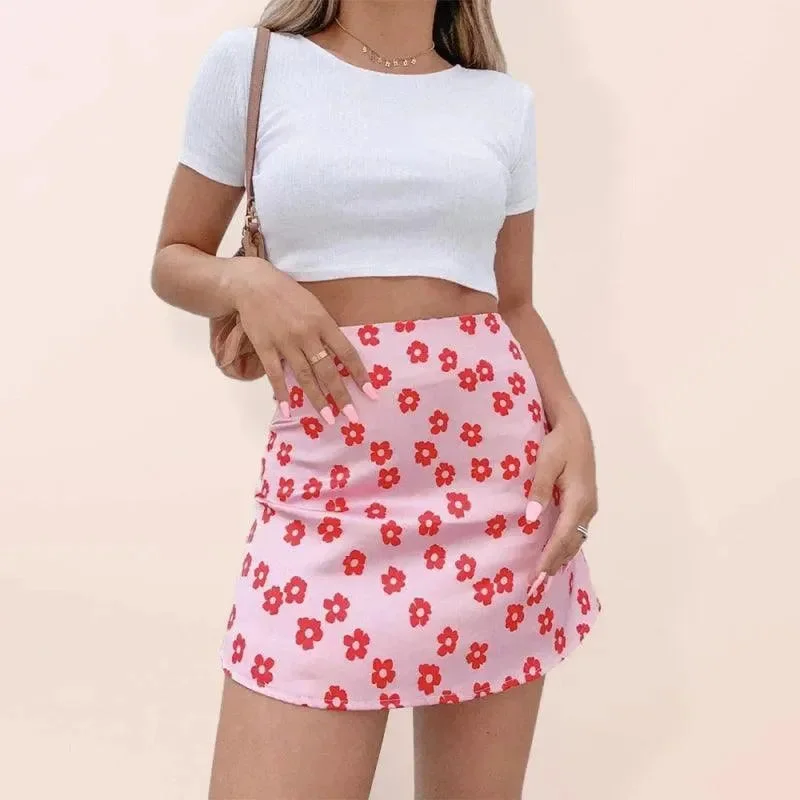 Women's Vintage-Inspired Outfit Women's High Waist Satin Printed A-Line Mini Skirt