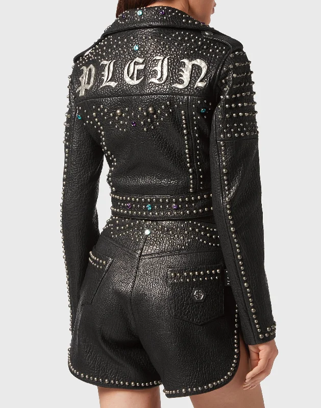 Trendy Boutique Online Vintage Leather Cropped Biker Jacket Studs