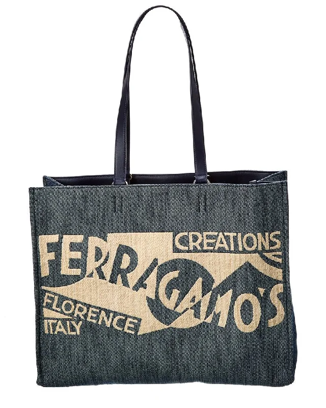 Clothes For Sale Ferragamo Logo Large Denim & Leather Tote